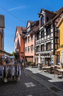 Historic half-timbered building with restaurant in the old town of Meersburg, Lake Constance