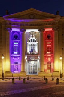 Illuminated town hall on Place du Panthéon, Mairie du V. arrondissement, Latin Quarter, Paris,