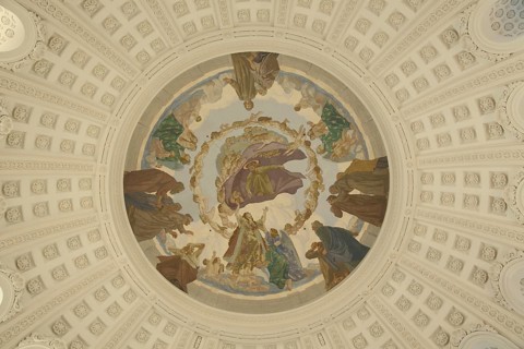 Ceiling painting in the early classical cathedral, round fresco, interior view, handicrafts, St.