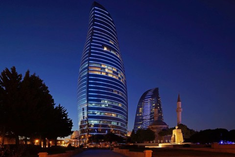 Azerbaijan, Baku, Flame Towers at night, Europe, Asia