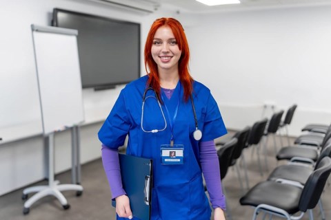 Young red haired medical student in blue scrubs and stethoscope stands in a bright modern lecture