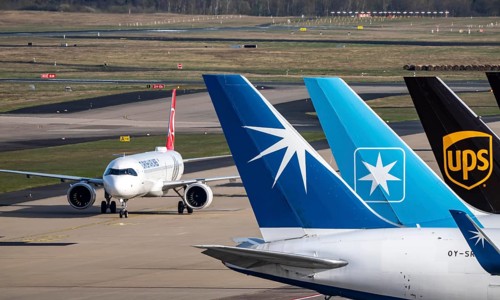 Turkish Airlines Airbus after landing at Cologne/Bonn airport, on the taxiway to the terminal,