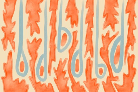 Organic pattern art featuring playful orange and blue shapes with fluid lines on a cream