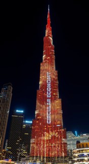 Night shot, illuminated advertising at the Burj Khalifa, Downtown, Dubai, United Arab Emirates