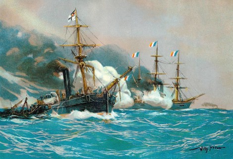 Historical painting by Willy Stöwer, Naval Battle of the steam gunboat of the Chamaeleon-class