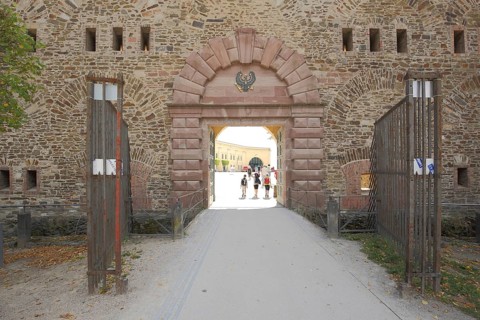 Portal with coat of arms of the UNESCO Ehrenbreitstein Fortress, landmark, Koblenz,