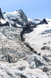La Jonction, glacier tongue, Glacier des Bossons meets Glacier de Taconnaz, summit of Mont Maudit