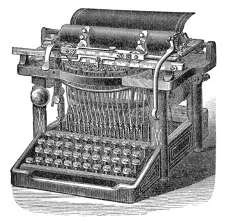 Historical illustration, 19th Century, old typewriter, alte Schreibmaschine, historische Zeichnung,