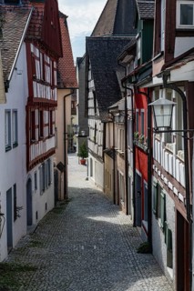The Luziengasse with row of half-timbered houses in the historic old town of Überlingen am Lake