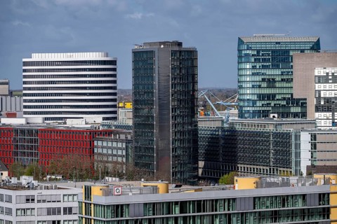 Skyline of buildings in the media harbor of Düsseldorf, city center, North Rhine-Westphalia,