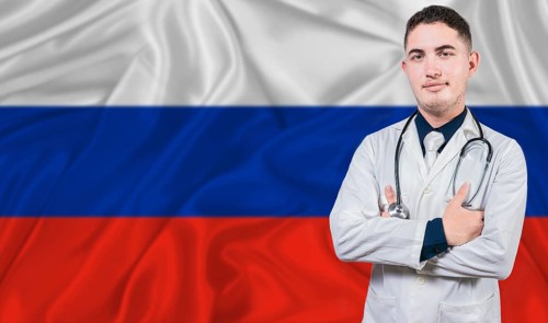 Portrait of medical professional on Russia flag background. Russian national health system