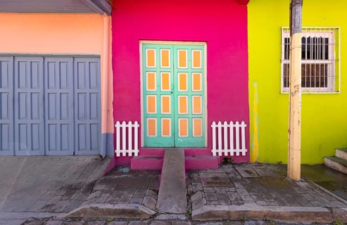 Colorful colonial architecture of historic center of Flores, Guatemala