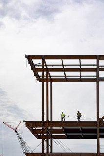 Detroit, Michigan - Workers string safety lines as structural steel rises on a $2.2 billion