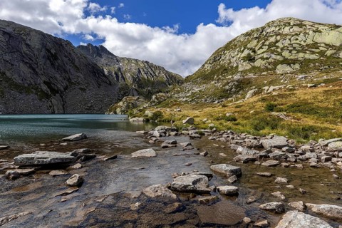 Lake Sassolo, Lago di Sassolo, behind Ticino mountains, Sambuco valley, Vale Sambuco, near Fusio,