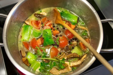 Vegetable soup, or vegetable stock, is cooked with various vegetables, which are slowly simmered