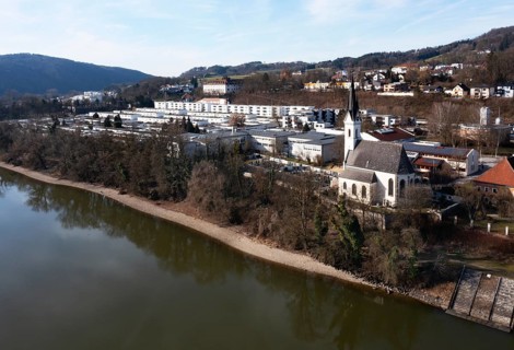 Drone image, housing estate, apartment blocks and high-rise estate, Puchenau, Linz Land district,