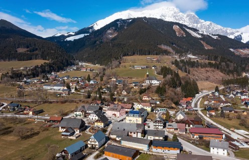 Drone image, residential buildings, view of town, Ardning, Ennstal, Styria, Austria
