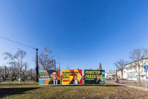 2026 state election in Baden-Württemberg. Election posters at a crossroads in Fellbach. Large