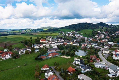 Drone image, view of the village with parish church, Grünbach near Freistadt, Mühlviertel, Upper