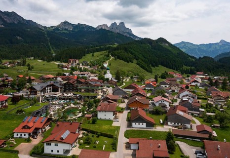 Drone image, view of the village, Grän, Tannheimer Tal, Reutte district, Tyrol, Austria