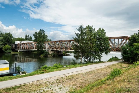 The old railway bridge being converted into the Fiesta Bridge over the Váh River, Capital of