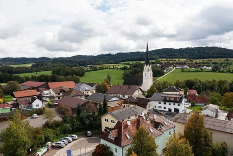 Drone shot, view of village with church, Sankt Marienkirchen am Hausruck, Hausruckviertel, Upper