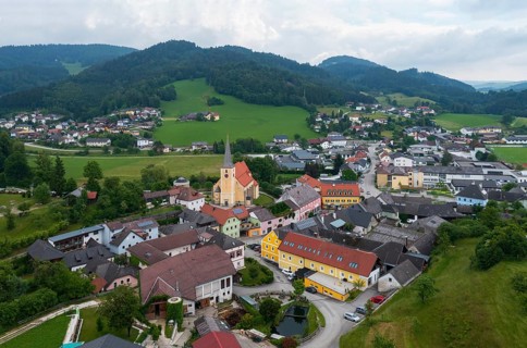 Drone image, view of the village, Waldhausen im Strudengau, Mühlviertel, Upper Austria, Austria