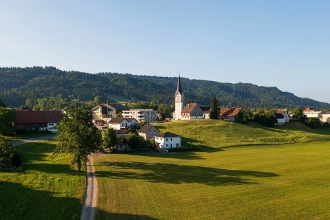 Drone image, view of village with parish church, Hohenweiler, Vorarlberg, Austria