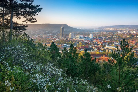 City view in the first morning light with JenTower and Friedrich-Schiller University, view from the