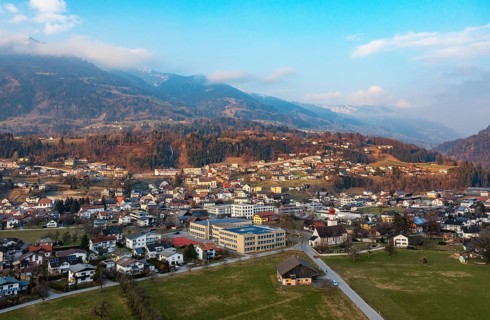 Drone image, residential buildings, settlement area, parish church, Thuringia, Großes Walsertal,