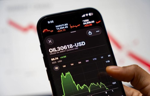 In this photo illustration, a smartphone displays the crude oil price in USD on March 09, 2026 in