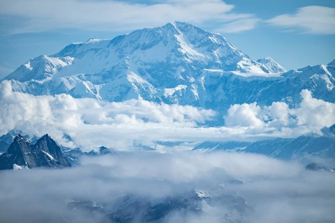 Panorama, clouds over high mountains, Mt Denali or Mount McKinley, aerial view, Alaska Range,