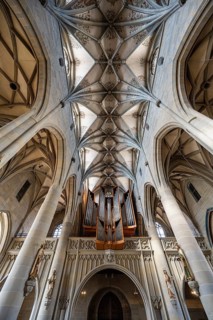 Ribbed vaulting, late Gothic vaulting with church organ, St. Nicholas organ in Überlingen Münster,