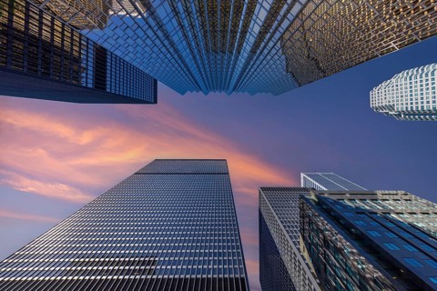 Toronto financial business district skyline. Skycrapers and corporate office buildings that hosts