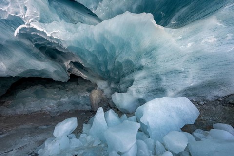 Glacier cave, ice cave, Morteratsch Glacier, Engadin, Graubünden, Switzerland