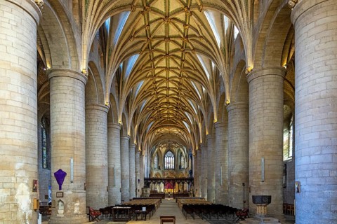 Nave, interior view, former abbey church, Tewkesbury, Gloucestershire, England, Great Britain