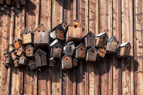 Different birdhouses on a wooden wall, near Füssen, Ostallgäu, Allgäu, Bavaria, Germany