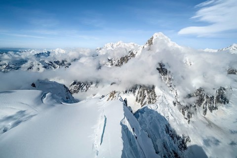 Aerial view, extreme ridge of Mount Huntington, 3731 m, glaciers and mountains of the Alaska Range,
