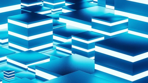 Abstract background design featuring a network of glowing geometric shapes in blue tones, creating