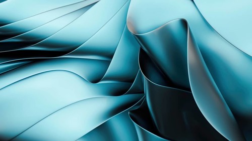 A fluid abstract design with smooth, flowing curves in metallic blue tones in 3D. The image