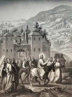 Jesus riding a donkey to Jerusalem, New Testament, steel engraving 1853, digitally restored