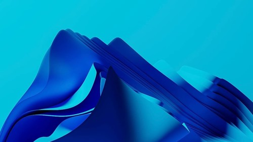 Smooth, flowing blue waves form an abstract background, resembling a digital landscape. The design