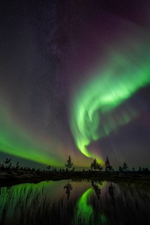 Northern Lights (Aurora borealis) reflected in a mountain lake, Norrbotten, Lapland, Sweden,