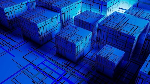 Vibrant abstract background showcases interconnected cubes, representing technology and data in a