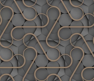 Elegant black 3D seamless pattern featuring interlocking brown ribbon-like shapes, creating a