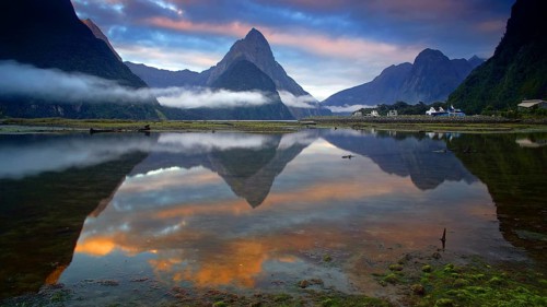 Mildford Sound, sunset light, South Island, travel, landscape, clouds of fog, New Zealand, Milford