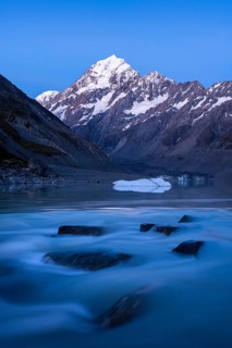 Mountainous landscape. Hooker Lake, Hooker River, and Aoraki Mount Cook. evening mood. Aoraki Mount