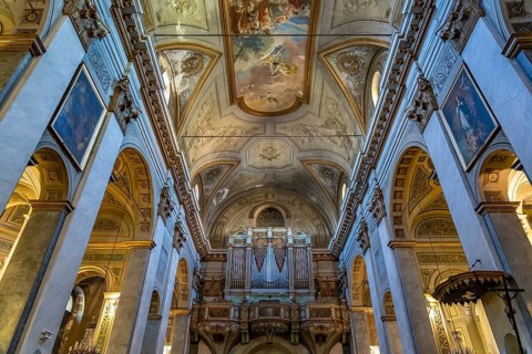Interior and organ of Saint-Jean-Baptiste church in Bastia, Corsica, France