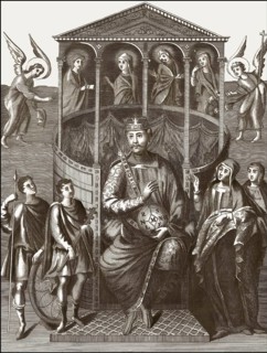 Charles the Bald, 823 – 877, emperor of the Carolingian Empire, sitting on his throne