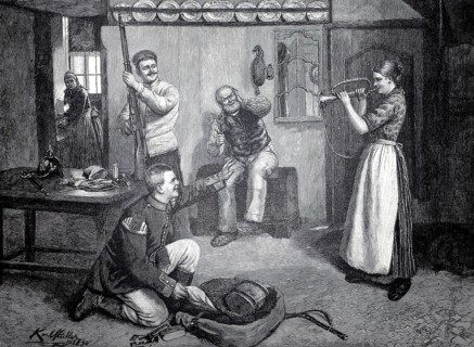 Soldiers have moved into quarters in a house, and the soldier is unpacking his tournister. The